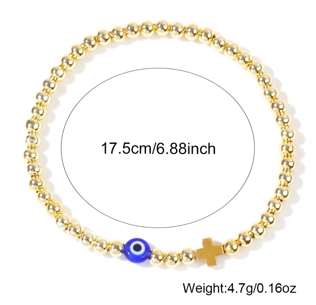 White eye or blue and cross gold plated beaded bracelet