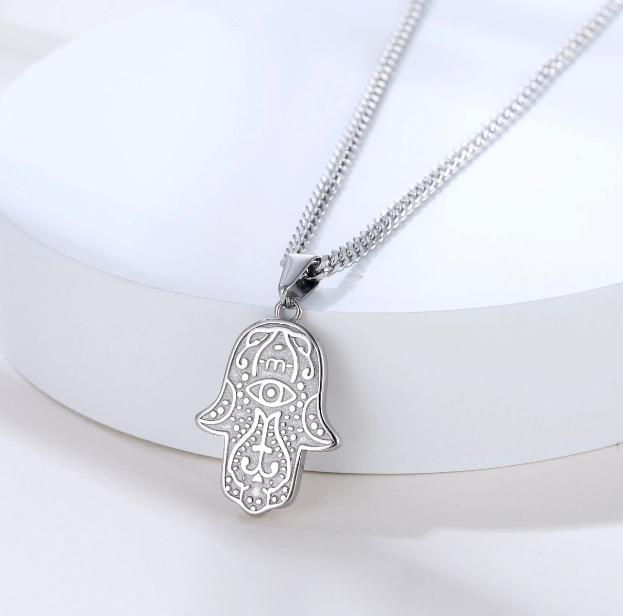 Hamsa thin Cuban link silver colored necklace