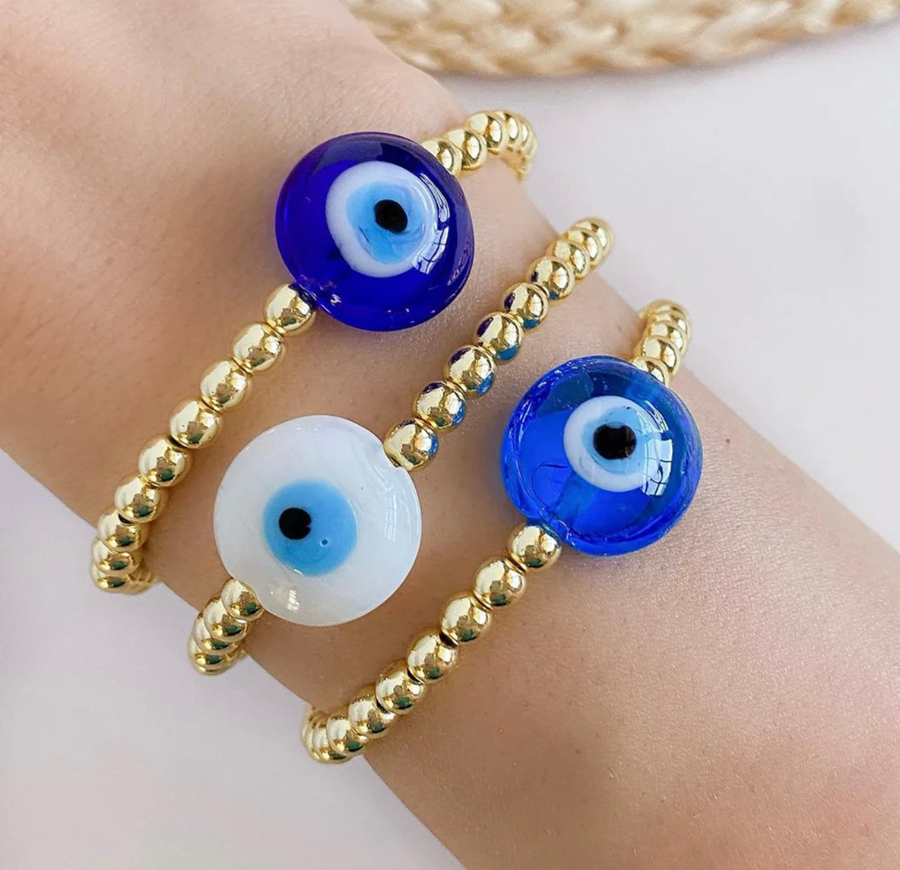 Santorini blue waterproof 18k gold plated bubble evil eye waterproof beaded bracelet