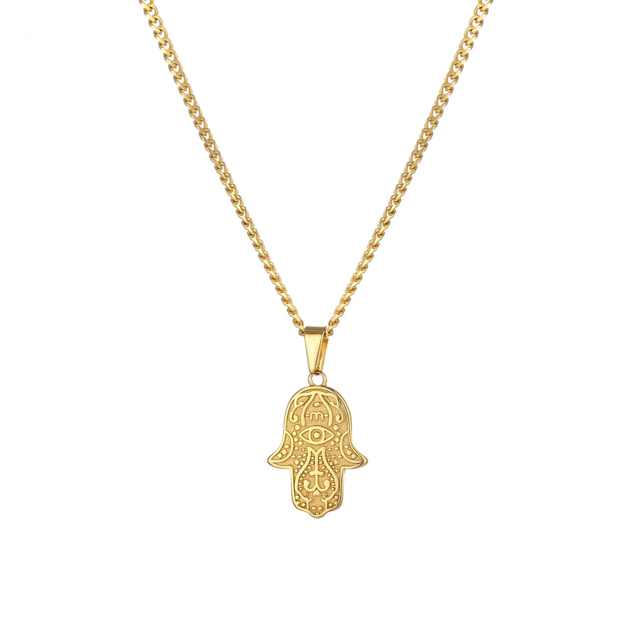 Hamsa thin Cuban link necklace gold.