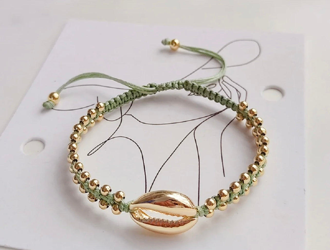 Waterproof handmade braided shell bracelet- Sage