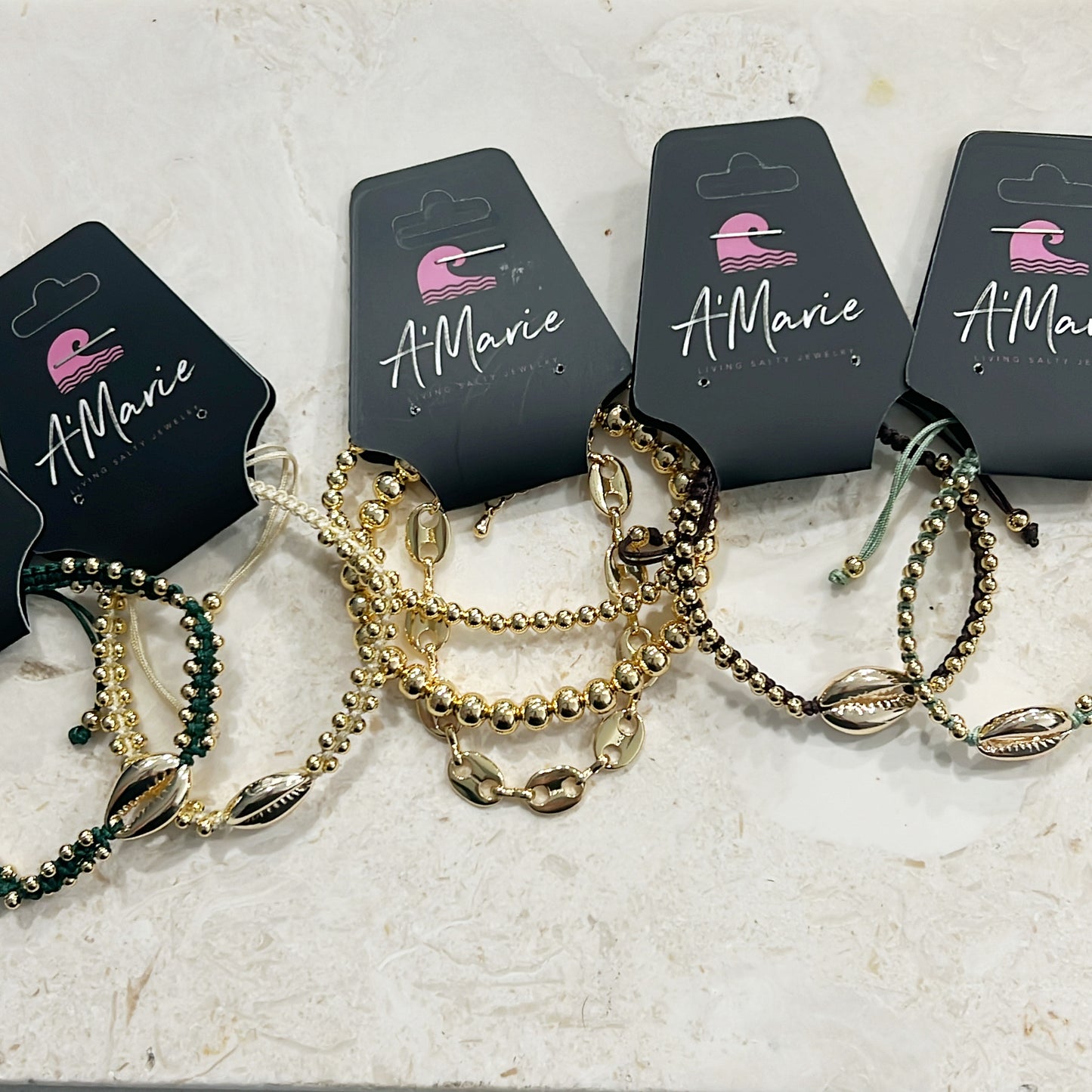 Waterproof handmade braided shell bracelet- winter green