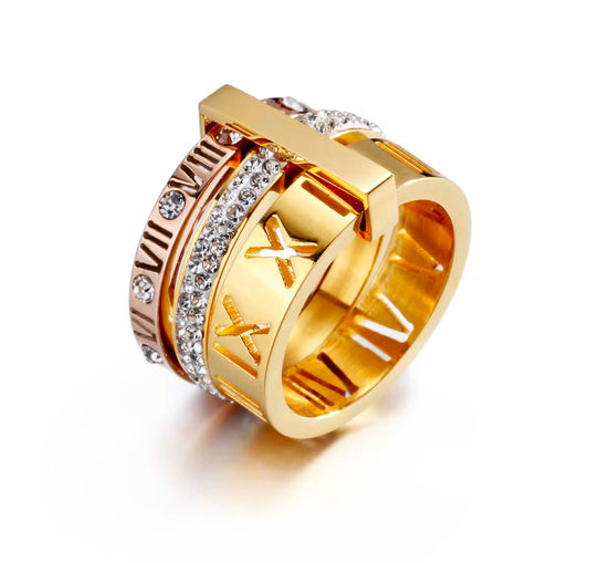 Two tone Roman numeral statement ring