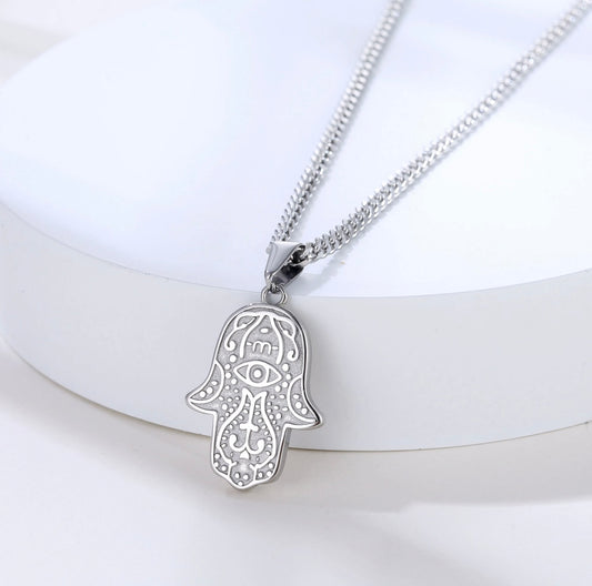Hamsa thin Cuban link silver colored necklace