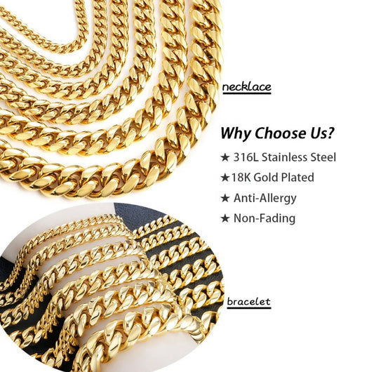10mm 24 inch Cuban link 18k gold plated necklace and bracelet set