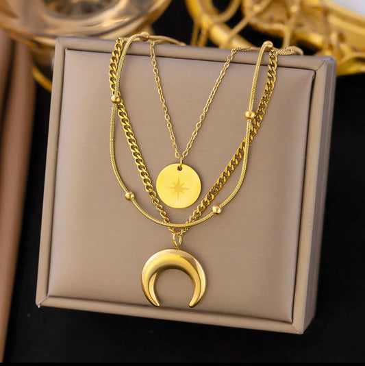 Half moon and star 3 layered necklace