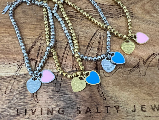 Designer inspired stainless steel beed bracelet with double hearts pendant
