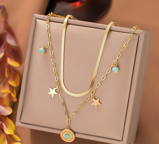 Moon and stars turquoise double laued necklace