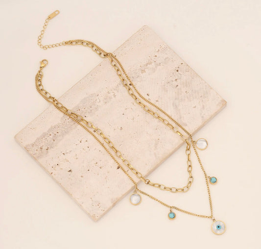 Pearl evil eye double layer necklace