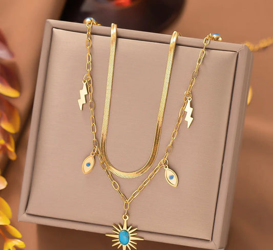 Turquoise sun and evil eyes double layers necklace