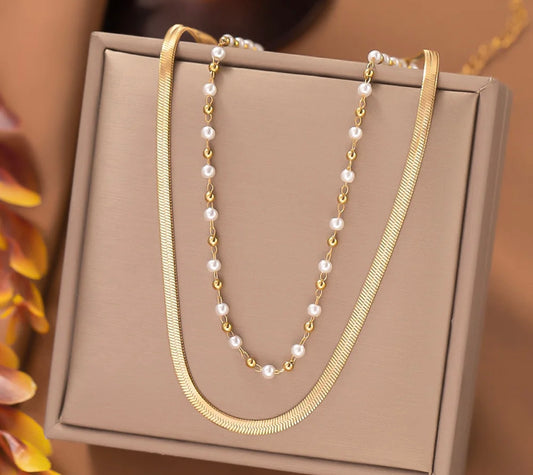 Dainty Double layered snake link and pearls