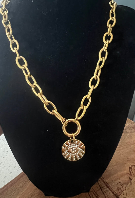 Round evil eye and lashes gold charm thick necklace
