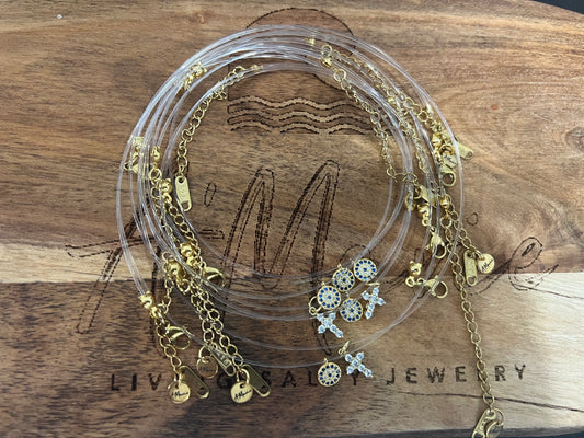 Transparent waterproof sterling silver gold vermeil charmed necklace (gold cross zircon )