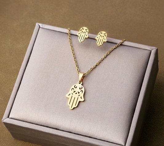 Hamsa hand of Fatima necklace and stud earrings