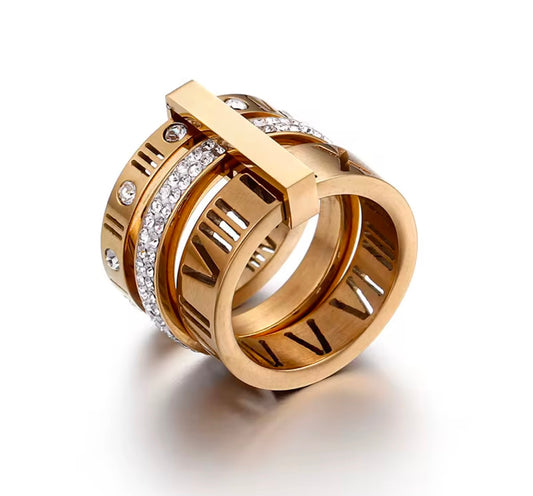 The Roman numeral Gold triple band ring