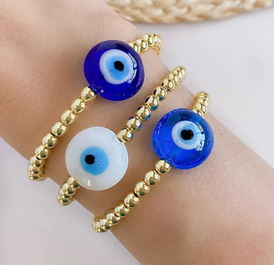 Meraki blue bubble evil eye waterproof 18k gold plated beaded bracelet