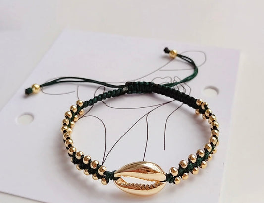 Waterproof handmade braided shell bracelet- winter green