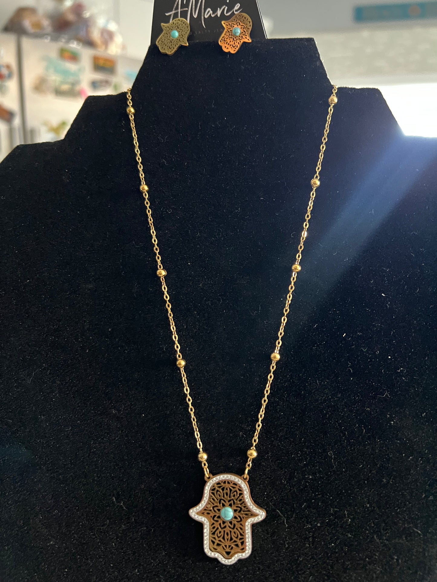 Hamsa large statement necklace and matching stud earrings
