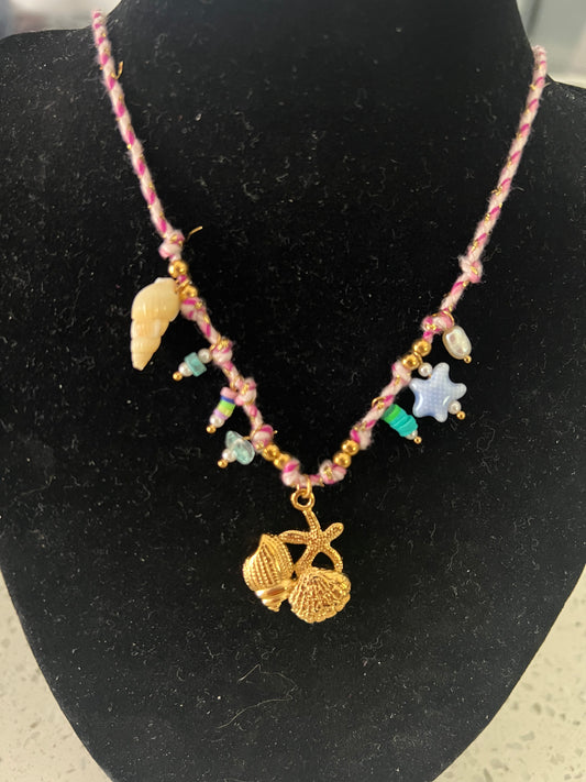 Starfish and seashells rope charm necklace