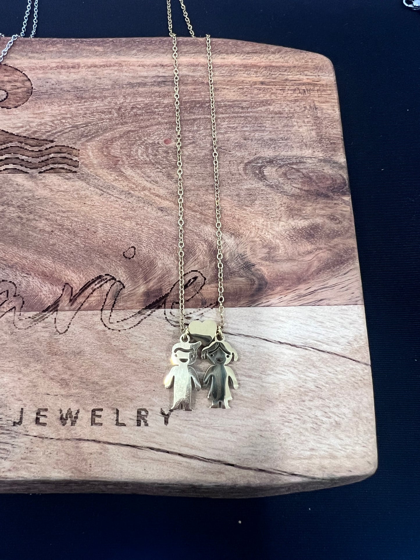 Family & heart charm necklace