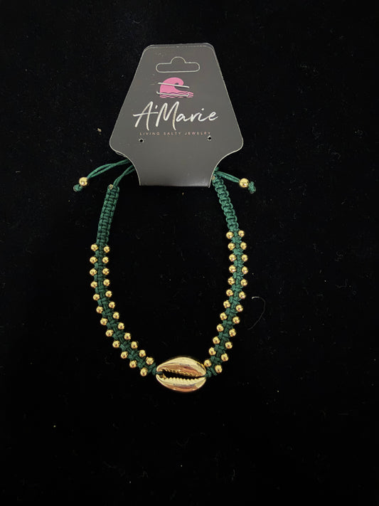 Waterproof handmade braided shell bracelet- winter green